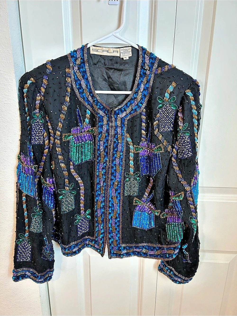 Vintage Scala Beaded Silk Jacket Black Multicolor Embellished Evening Blazer